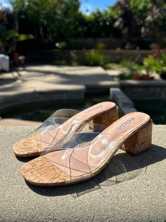 Soda Shoes - NEW🔥 Transparent Clear Open Toe Cork Low Block Heel Mules Sandals Slip Slide On